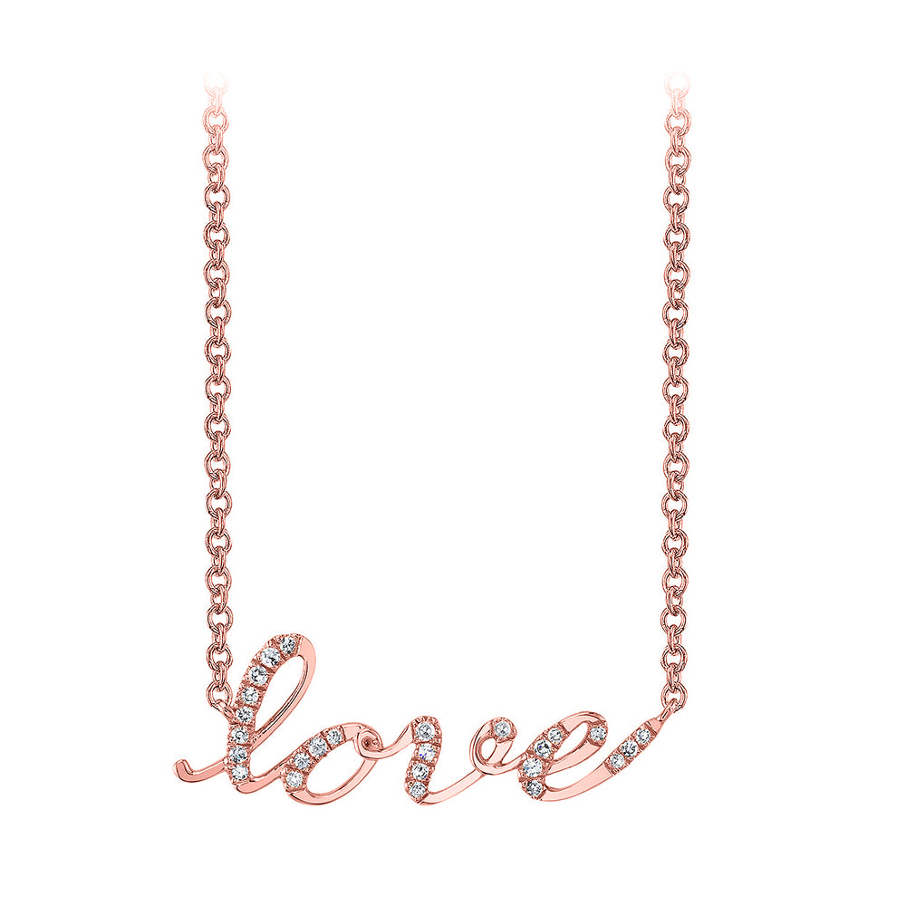 14k rose gold love script diamond necklace