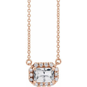 Birth Stone Emerald Cut With Diamond Halo Necklace