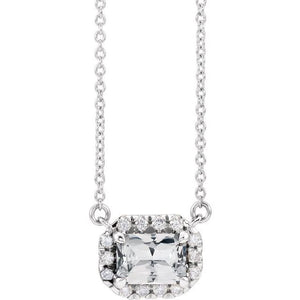 Birth Stone Emerald Cut With Diamond Halo Necklace
