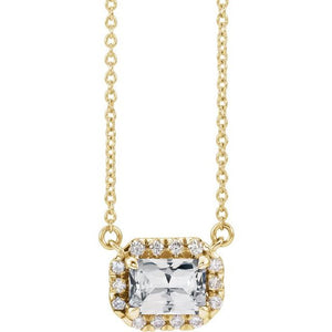 Birth Stone Emerald Cut With Diamond Halo Necklace