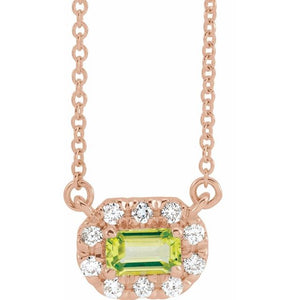 Birth Stone Emerald Cut With Diamond Halo Necklace