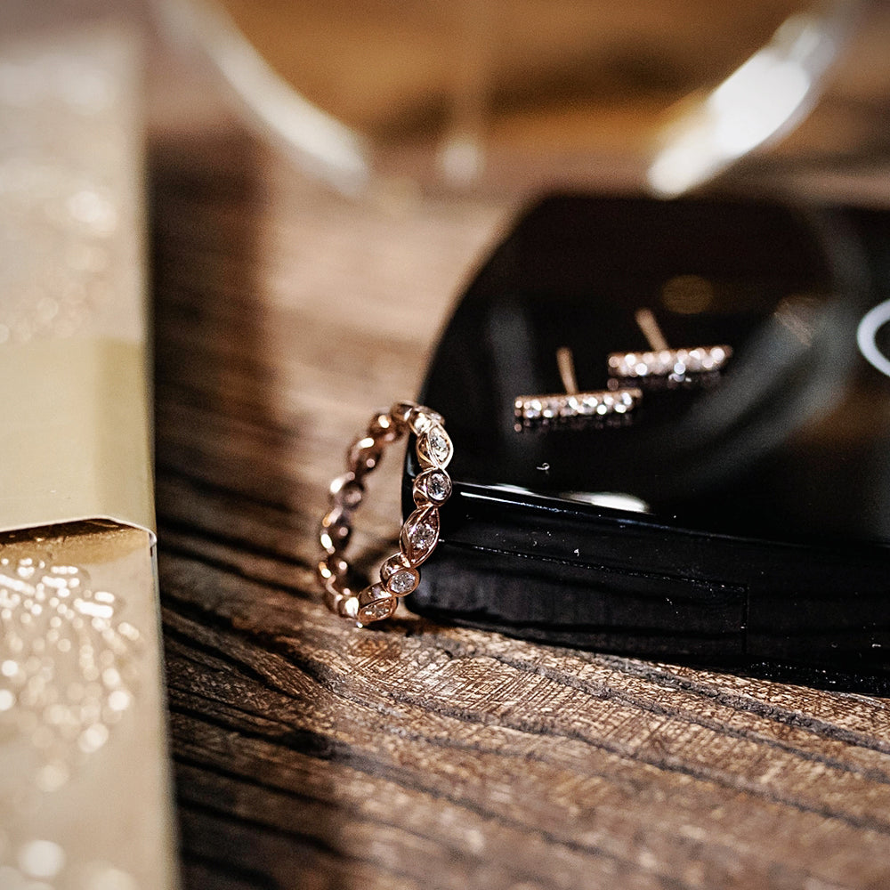 Rose Gold Carousel Infinity Ring and Diamond Bar Earrings 
