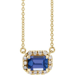 Birth Stone Emerald Cut With Diamond Halo Necklace