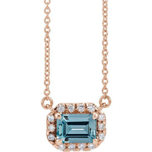 Birth Stone Emerald Cut With Diamond Halo Necklace