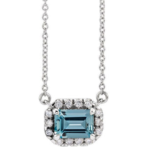 Birth Stone Emerald Cut With Diamond Halo Necklace