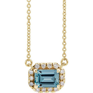 Birth Stone Emerald Cut With Diamond Halo Necklace