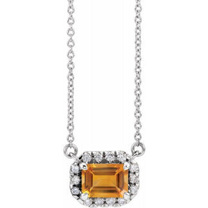 Birth Stone Emerald Cut With Diamond Halo Necklace