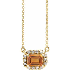 Birth Stone Emerald Cut With Diamond Halo Necklace