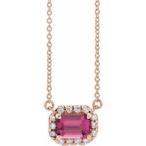 Birth Stone Emerald Cut With Diamond Halo Necklace