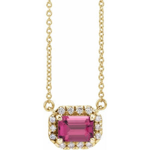 Birth Stone Emerald Cut With Diamond Halo Necklace