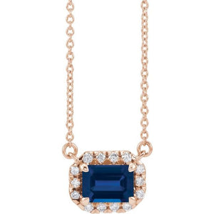 Birth Stone Emerald Cut With Diamond Halo Necklace