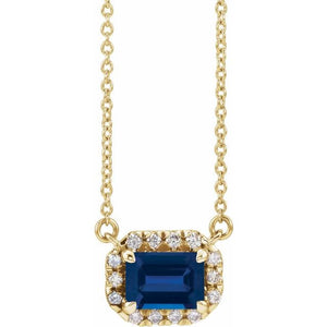 Birth Stone Emerald Cut With Diamond Halo Necklace