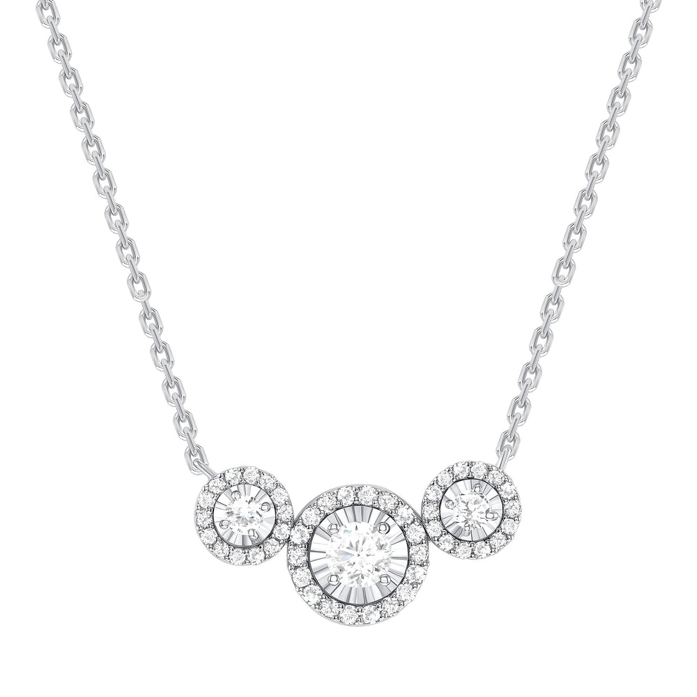 white gold halo diamond trio necklace