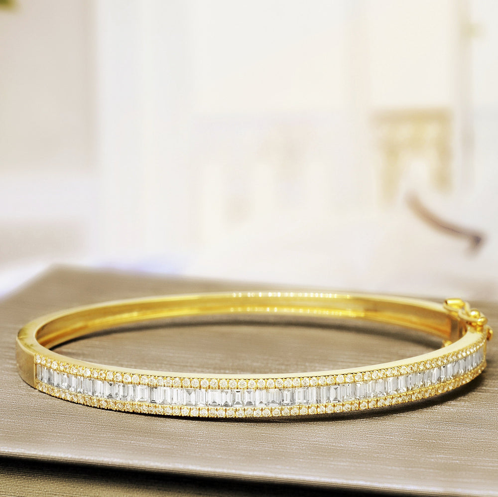 yellow gold baguette round diamond bangle 7 inches
