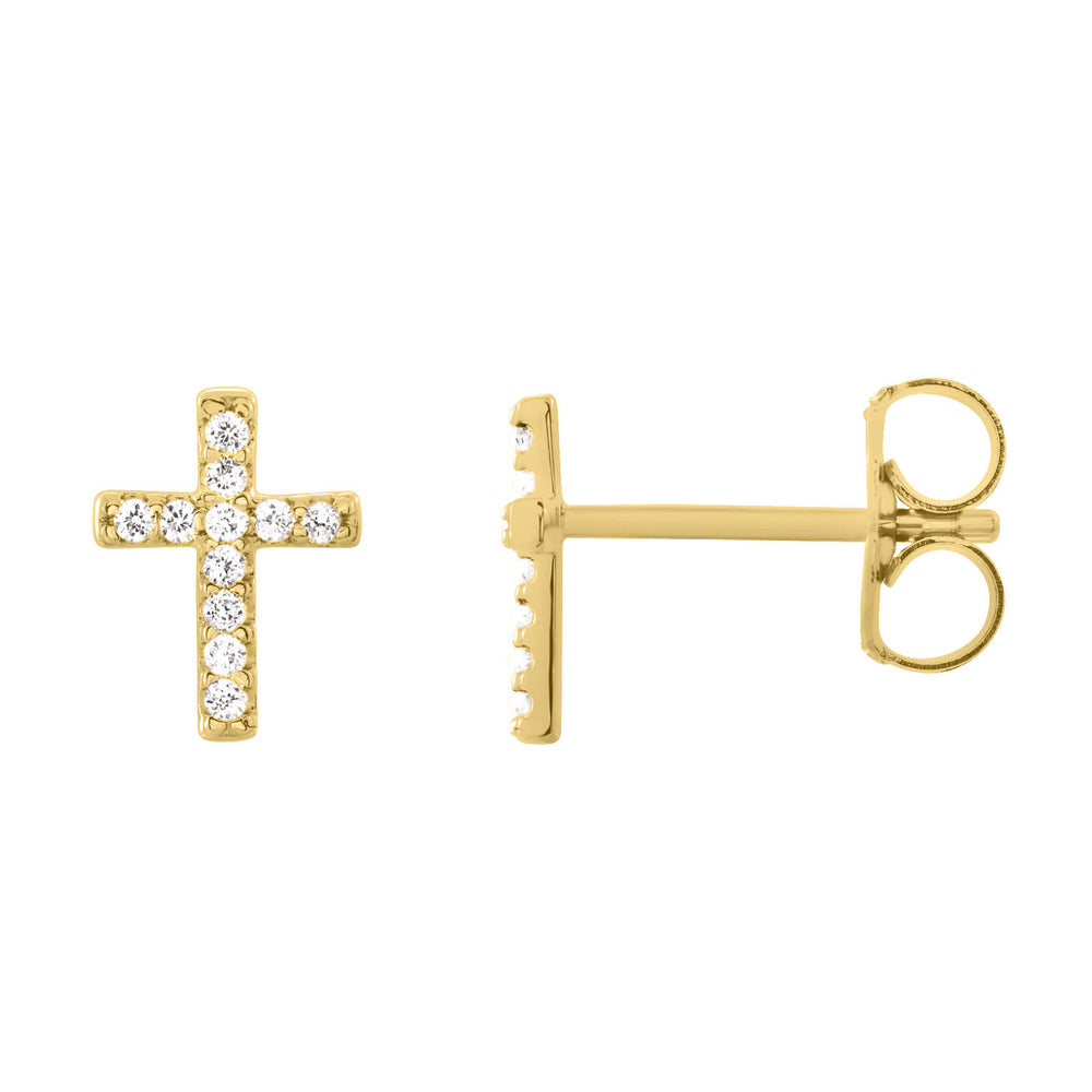 14k yellow gold diamond cross stud earrings