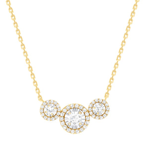 yellow gold halo diamond trio necklace
